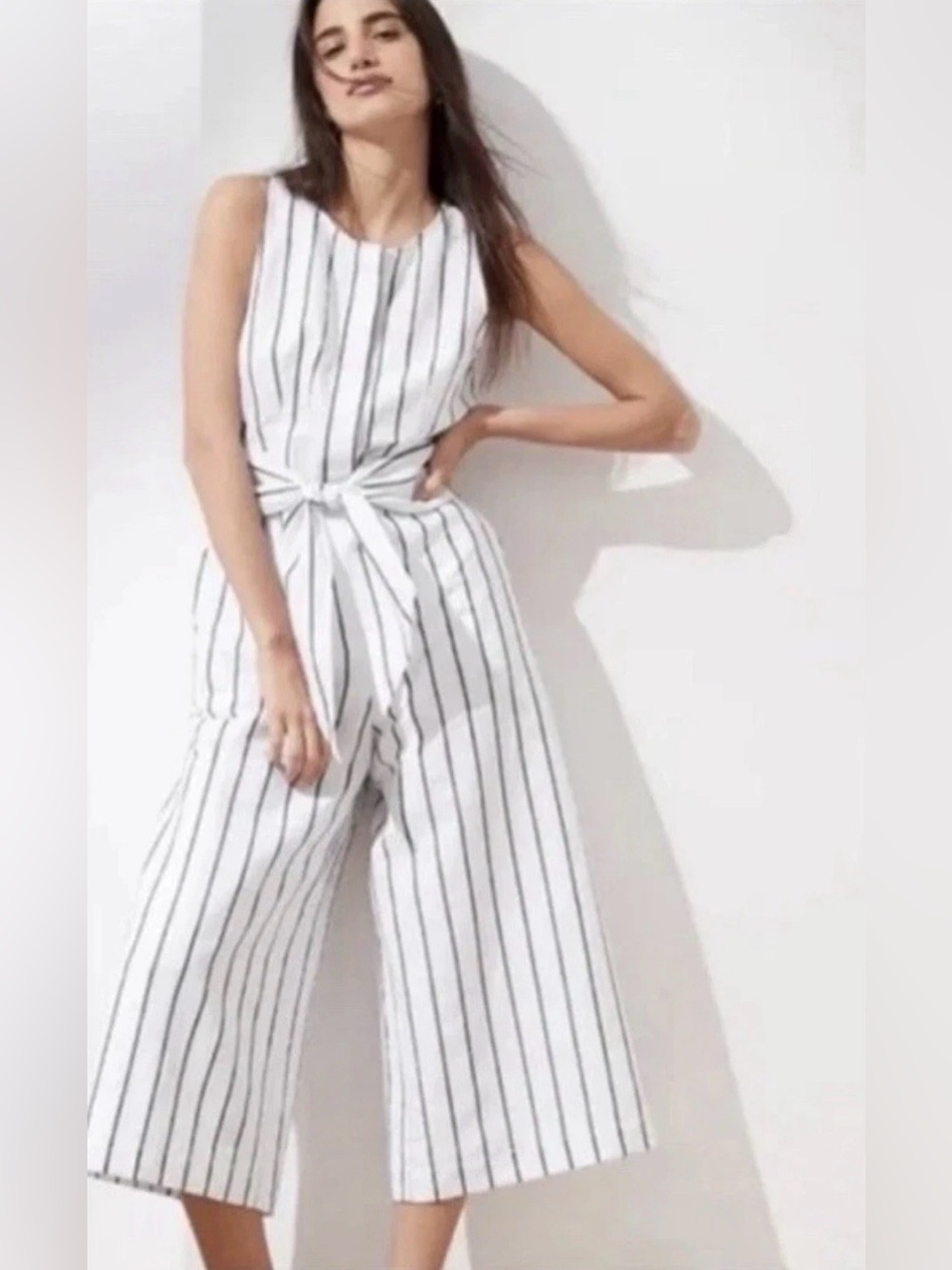 Banana Republic Striped Linen Blend Wide Leg Cropped Jumpsuit